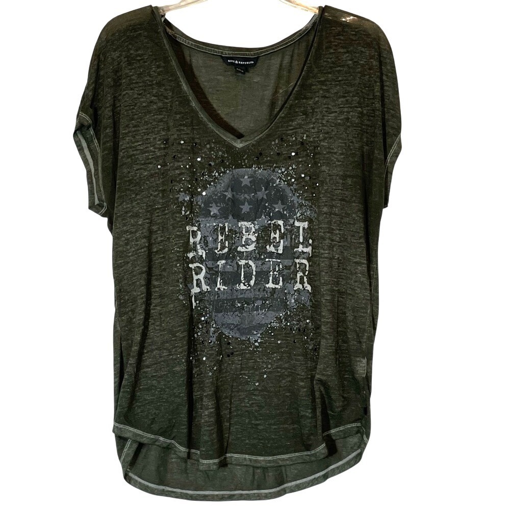Rock & Republic Rebel Rider‎ V Neck T Shirt Sequins Olive Green Size L